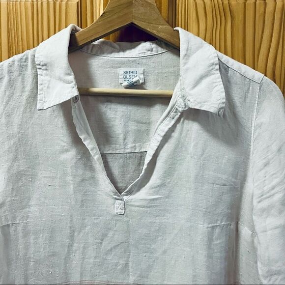 Sigrid Olsen pink white stripe 100% linen tunic button hip cover up shirt top S - Picture 2 of 6